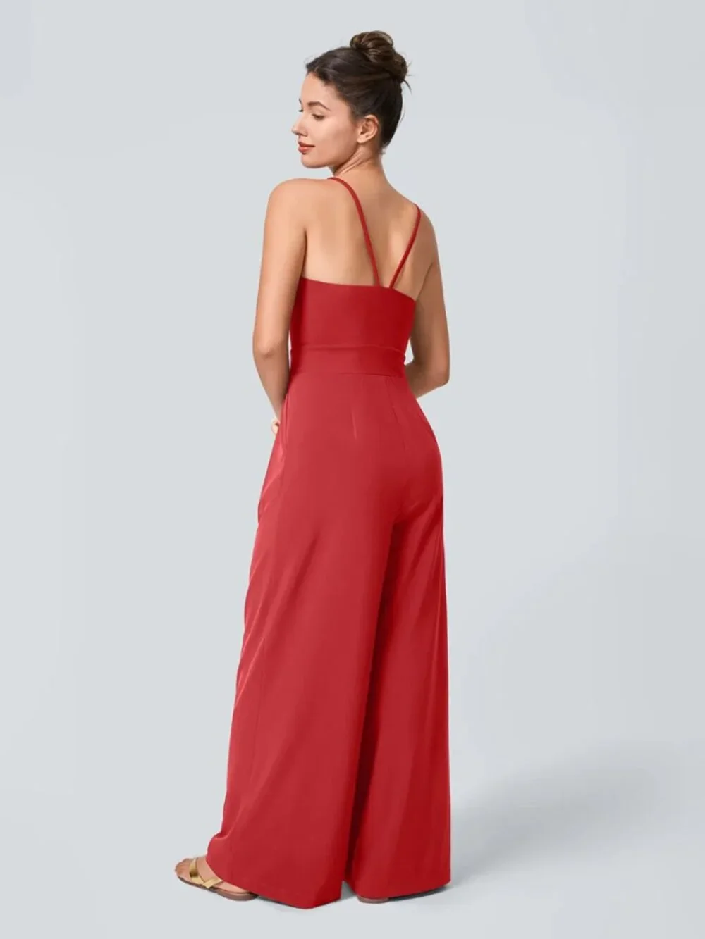 HALARA Red Wide-Leg Jumpsuit with V-Neck